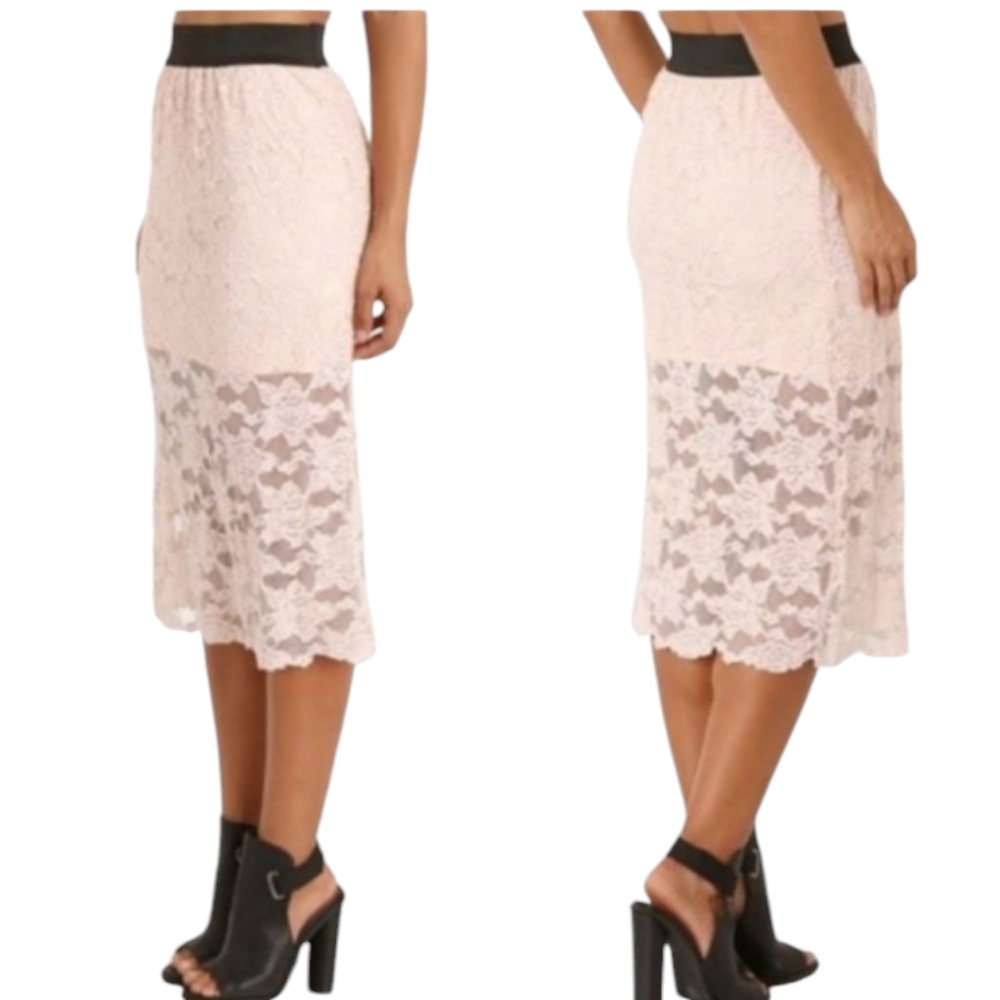 Free People Everthing Rosy Pencil Skirt Blush Pink Floral Lace Size XS